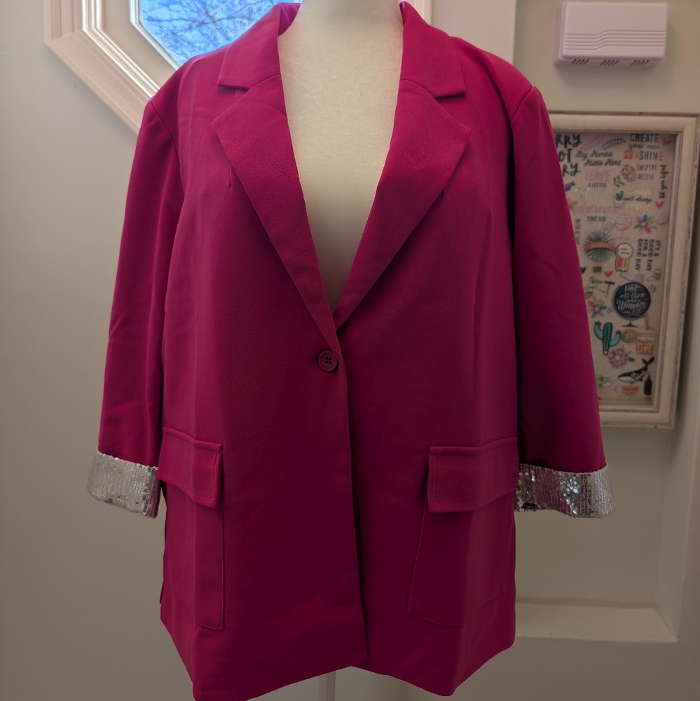 Women's Hot Pink Blazer with Silver Sequin Cuffs Andrée by Unit 1X - Picture 1 of 4
